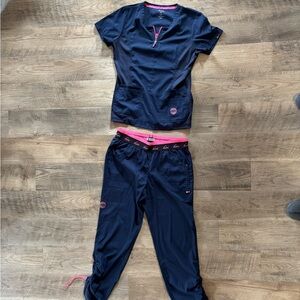 Navy Blue Scrub Set with Pink Accents